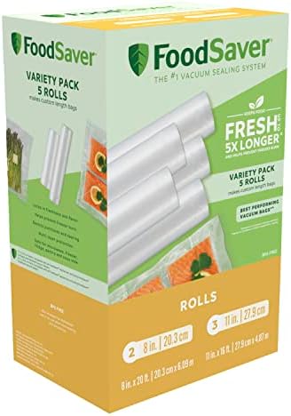 FoodSaver Vacuum Sealer Bags, Rolls for Custom Fit Airtight Food Storage and Sous Vide, 8" (2 Pack) and 11" (3 Pack) Multipack (Packaging May Vary)