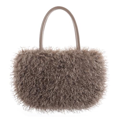 Image of Women's Fuzzy Tote Bag Curly Handbag Furry Shoulder Bag Large Plush Top Handle Purses Winter