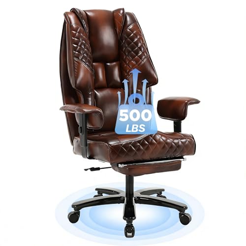 Image of 500LBS Big and Tall Office Chair, Reclining Office Chair with Footrest, Heavy Duty Executive Chair with Adjustable Armrests, PU Leather Extra Wide Seat Ergonomic Computer Desk Chair, Brown