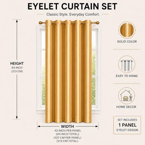 Image of Polyester Eyelet Door Curtain, Solid Plain Light Filtering Curtain for Bedroom, Living Room & Home Office, 7 Feet (84 x 48 Inch), Gold, Pack of 1