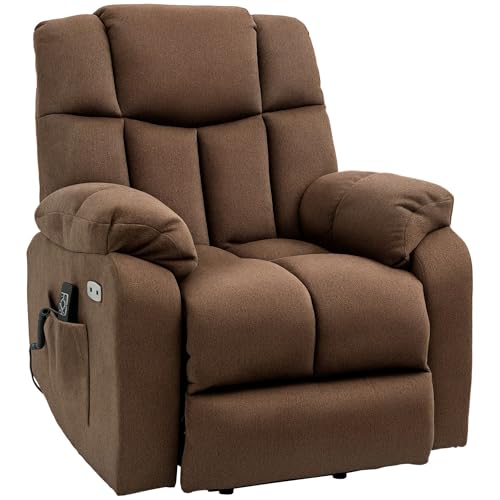 HOMCOM Fernsehsessel mit Aufstehhilfe Elektrisch Verstellbar, Relaxsessel mit Liegefunktion, TV-Sessel mit Fernbedienung, 2 Seitentaschen und Fußteil, USB-Anschluss Braun