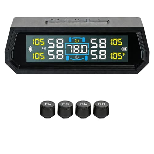 Tire Pressure Monitoring System - Wireless Solar Power and USB Charger Monitor Colorful LCD Display TPMS with 4 Sensors & 5 Alarm Modes Real-time Monitoring Pressure and Temperature for RV/Camper/T