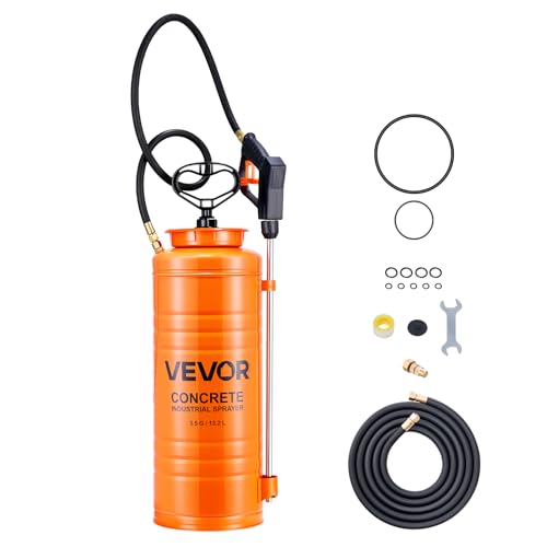 VEVOR Industrial Concrete Sprayer, 3.5 Gallon Stainless Steel Sprayer, Heavy Duty Tri-Poxy Pump Sprayers, 20.5'Wand with Ergonomic Gun Handle, 48'& 120'Hose, 2 Brass Nozzles for Construction, Garden