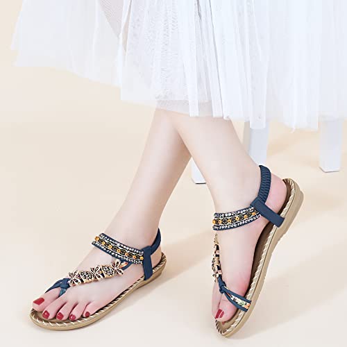 Ablanczoom Flat Sandals For Women Summer Comfortable Bohemian Beaded Dressy Sandal Casual Ankle Strap Elastic Slip On Womens Flats #TOP2