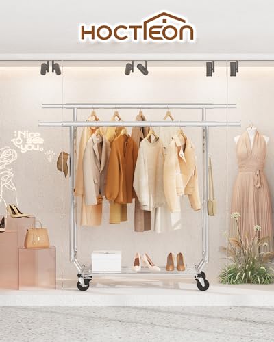 Hoctieon 2-Minute Assembly Double Rod Clothes Rack, Heavy Duty Rolling Clothing Racks With Wheels, Foldable Commercial Garment Rack thumb #7