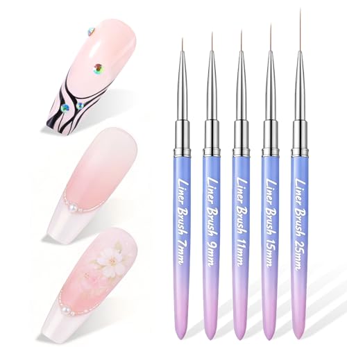 Makartt Nail Art Brushes Set: 5pcs Liner Brushes 7/9/11/15/25mm Thin Nail Art Design Brush with Cap Nail Polish Brush for Builder Gel 3D Nail Gel French Tip Tool Nail Painting