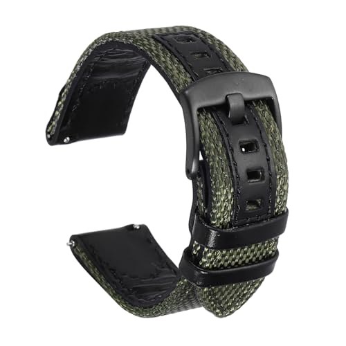 Bracelet de montre en cuir véritable et nylon vert-noir 20 mm de qualité