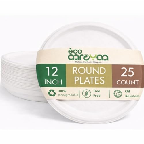 Image of Eco Aaroyaa Round Extra Large Bagasse 12 Inch Disposable Plates - Eco-Friendly Disposable Plates for food - Biodegradable disposable Plate, Strong and Sturdy, Oil & Water Resistant use and throw plates (Pack of 50)