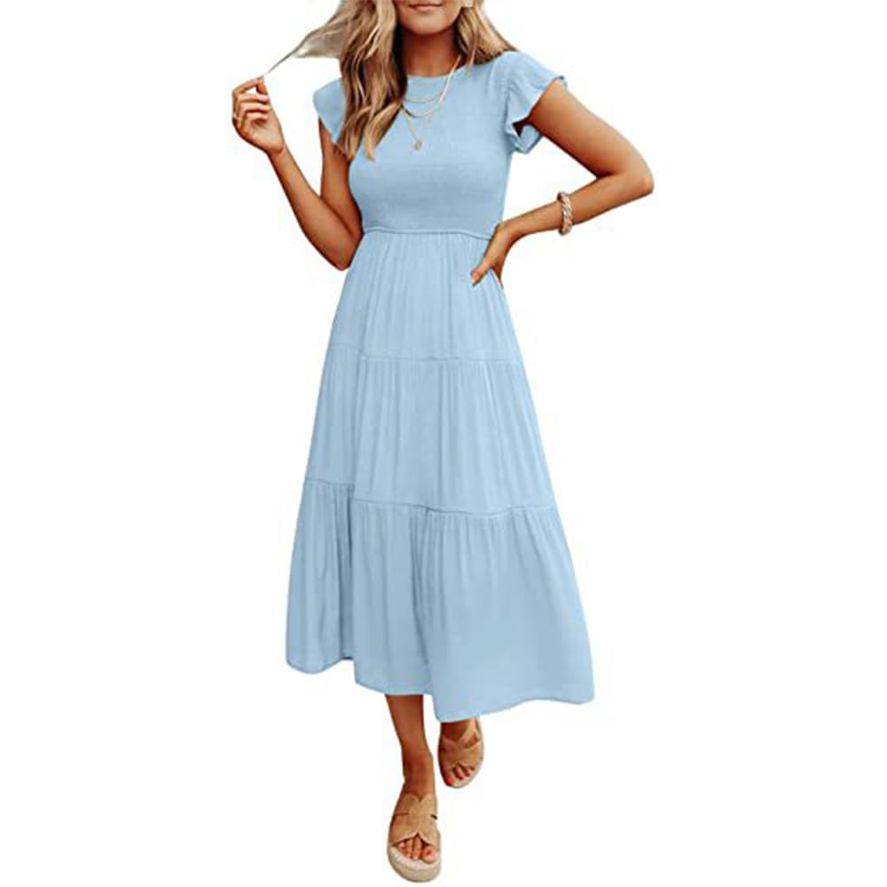 Zhyaj Women's Summer Cotton Flutter Short Sleeve Crew Neck Smocked Tiered High Waist Flowy Midi Dress Sundress