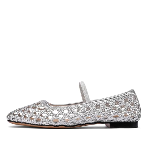 Image of Woven Mesh Ballet Flats Shoes for Women with Elastic Strap Square Toe Breathable Slip On Flat Mary Janes Dress Casual Shoes