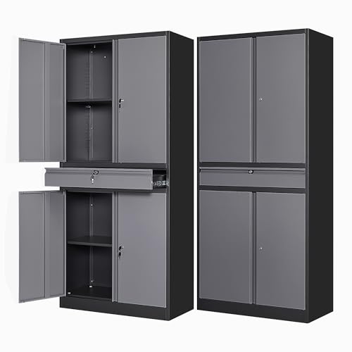 Image of Letaya Metal Garage Storage Cabinet with Drawer,4 Door Tool Cabinet with Lock-2 Adjustable Shelves for Garage Home Office Utility Room (Black & Gray)