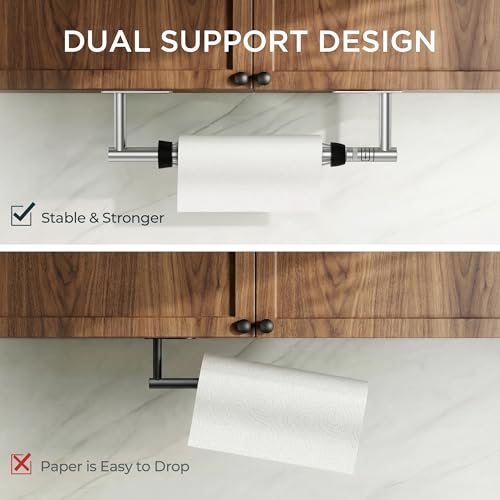 Image of FORIOUS Paper Towel Holder Under Cabinet, Single Hand Operable with Adjustable Damping for Easy Tear, Adhesive or Drill Wall Mount,304 Stainless Steel Commercial Paper Towel Holder for Kitchen, Silver