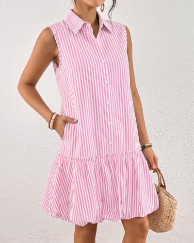 Image of Bsubseach Womens Casual Summer Dresses Sleeveless Linen Bubble Mini Short Dress Button Down Shirt Sundress with Pockets