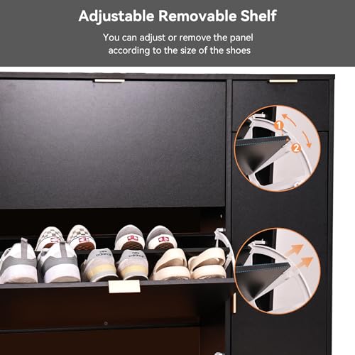 ARTETHYS Slim Shoe Storage Cabinet with Door Black Narrow Shoes Organizer with 3 Flip Drawers Boot Rack for Entryway 22 Pairs
