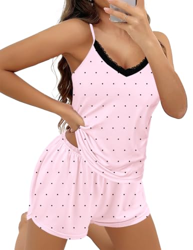 Image of Ekouaer Pajama Sets for Women Cute Printed Lace Cami Pj Shorts Set | Summer 2 Piece Sleepwear, Lightweight Lingerie Nightwear, Soft Loungewear, Adjustable Straps, V-neck