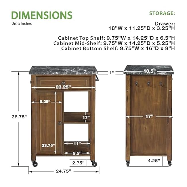 OSP Home Furnishings Fairmont Modern Farmhouse Kitchen Cart, Rolling Storage Cabinet with Drawer, Shelves, Hooks, Towel Bar, Oak Wood Finish with Faux Marble Top-039O4Hx3