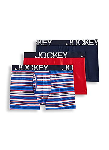 Jockey Men's Underwear ActiveStretch 4" Boxer Brief - 3 Pack, Navy/Sensational Stripe/Red, m