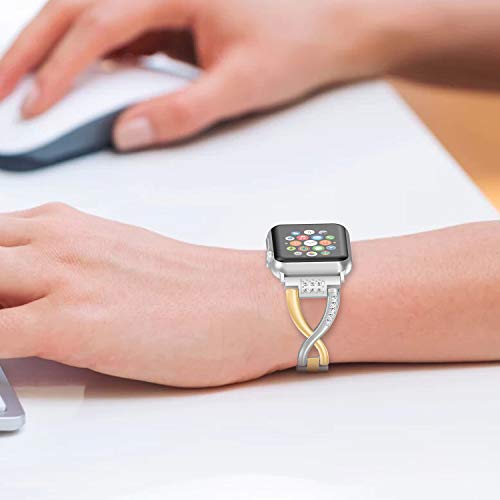 Image of Wearlizer Pure Gold Silver Compatible with Apple Watch Band 38 /40 /41 /42mm Womens Color 2-Tone Bling Rhinestone Metal Strap X-Link Bracelet for iWatch Series 11 10 9 8 7 6 5 4 3 SE /Ultra 3 2 1