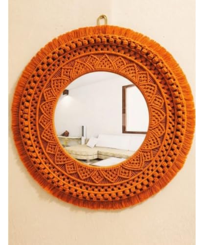 Image of Handmade Cotton Macrame Wall Hanging Glass Mirror with Boho Fringes, Bohemian Art Decorative Aina for Make-Up, Living Room, Bedroom (Orange)