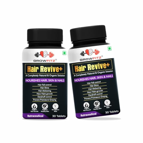 Image of Growfitz Hair Revive+ | Ayurvedic & 100% Natural | Hair Growth, Skin, Nails | For Men & Women - 30 veg tablets (Pack of 2)