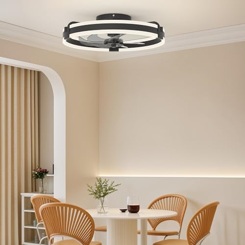 Image of Garwarm 20 inch Ceiling Fans with Lights and Remote, Low Profile Black Fan