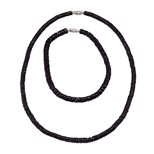 BlueRica 2 Piece Set ~ Black Smooth Puka Shell Beads Necklace & Anklet