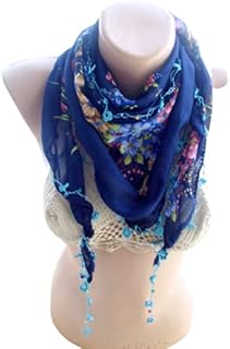 Navy Blue fringed Scarf, Women Cotton Scarf, Lace Floral Scarf, Boho Cotton Scarf, Women Fashion Scarf, light Scarf, christmas Gift