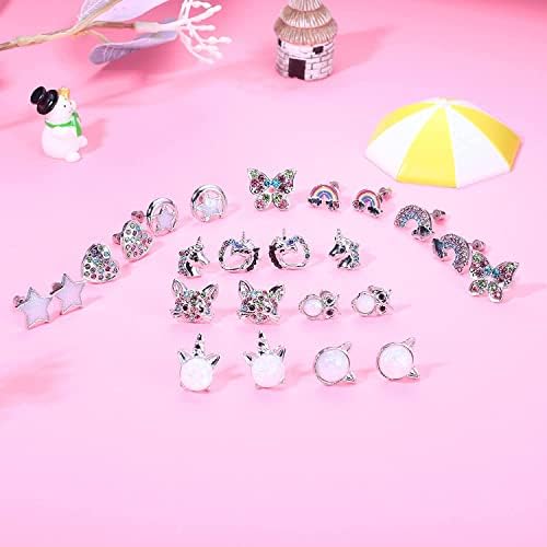 Adramata 12 Pairs Girls Earrings for Women Stainless Steel Earring Studs Set CZ Cat Star Butterfly Love Heart Rainbow Opal Kids Earrings Screw Back Earrings Shiny Gift