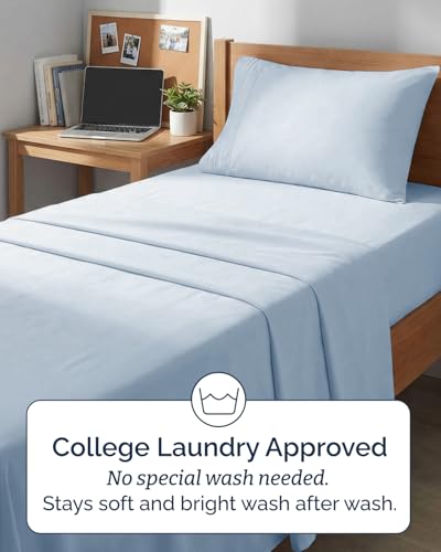 Image of Twin XL 4 Piece Sheet Set - College Dorm Room Essentials - Sky Blue | Ultra Soft Dorm Bedding Set, 8 inch to 16 inch Inch Deep Pockets, 1 Flat & 1 Fitted Sheet & 2 Pillowcases, Wrinkle & Fade Free