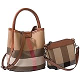 Tote Bag for Women, Leather Plaid Bucket Shoulder Bag Top Handle Canvas Crossbody Handbag Designer Classic Purse