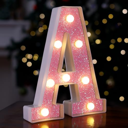 Image of LED Letter Lights Pink Glitter Marquee Letters Light Up Alphabet Letters Sign Battery Powered for Home Party Decoration Night Bar Wedding Birthday Christmas Lamp Girls Gift - Letter A