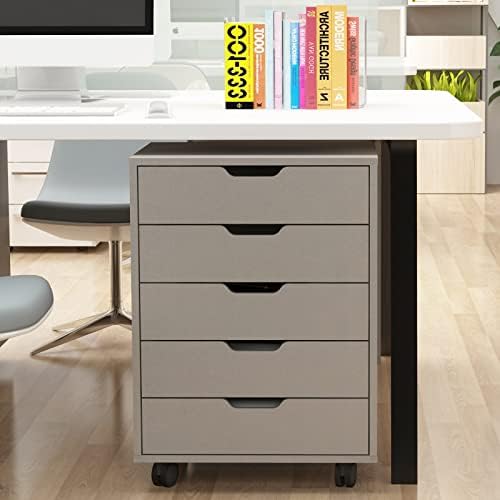 PKUGU File Cabinets for Home Office, 5 Drawer File Cabinet, Rolling Cabinets with Drawers, Printer Stand with Storage, Mobile Office File Cabinet, Storage Files/Books/Letters, Antique White