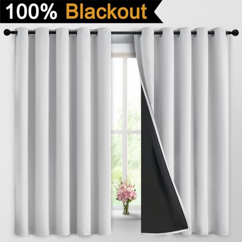 Image of Yakamok Greyish White 100% Blackout Curtains 63 Inches Long, 2 Thick Layers | Blackout Curtains for Bedroom /Living Romm Full Light Blocking Soft Thermal Insulated Drapes for Bedroom 62 inch Wide Each Panel