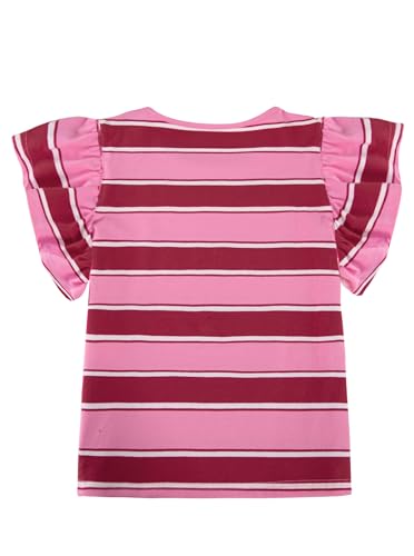 Image of Girls Striped Shirt Flutter Sleeve Top Crewneck Cute Summer T Shirts Casual Tees Red Pink 7-8 Years