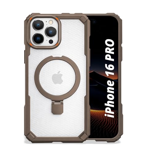 Image of AIBEX Transparent Back Cover Compatible for iPhone 16 Pro| Mag-Saf Magnetic Ring Kickstand | Shockproof Dual Layer Military Grade Drop Protection Armor Case| Wireless Charging Support - Brown