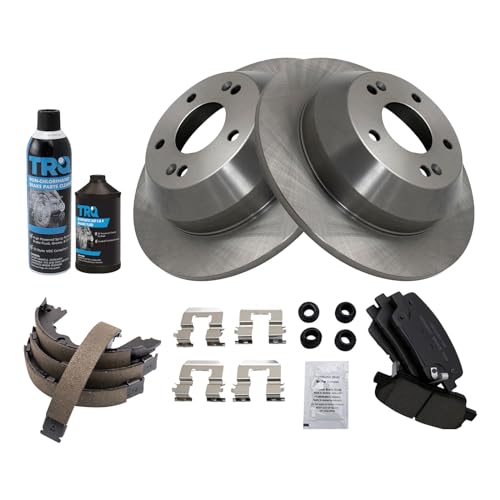 Image of TRQ Rear Brake Pad & Rotor Kit, with Chemical Kit Parking Brake Shoe Set Ceramic Compatible with 2010-2012 Hyundai Santa Fe 2011-2013 Kia Sorento