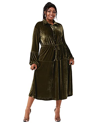 Honwenle Women's Plus Size Velvet Shirt Dress Lantern Long Sleeve Button Down Drawstring Belt Tiered Maxi Formal Wedding Guest Dresses ArmyGreen