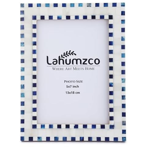Lahumzco Bone Picture Photo Frame Checkered Pattern Beading Art Inspired Vintage Table-Top/Wall Décor Handmade Frames (5x7 Inches, Blue,White) Cover