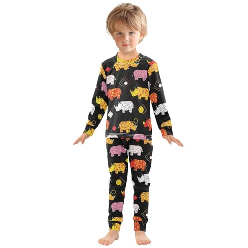 Pajama Sets Long Sleeve Colorful Rhinos on Black Soft Comfy Sleepwear 2 Piece PJS 3-8T2