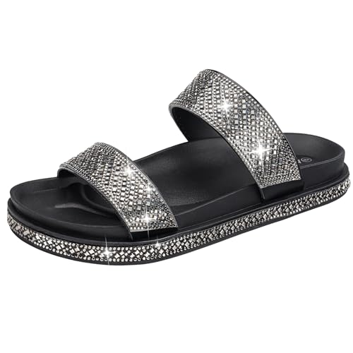 Image of Platform Sandals Women,Womens Sandals-Studded Silde Sandals-Double Buckle Adjustable-Beach Sandals for Women-Flat Sandals Summer Vacation