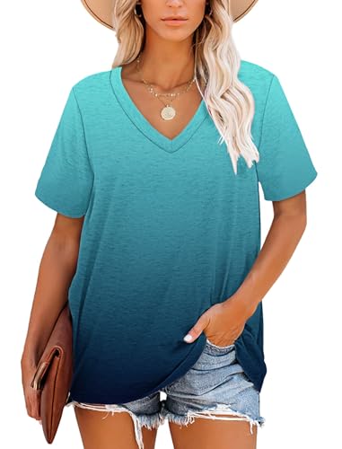 MOLERANI T Shirts for Women Tops Short Sleeve V Neck Oversize Summer Tops Casual Loose Tee Gradient Blue2 M