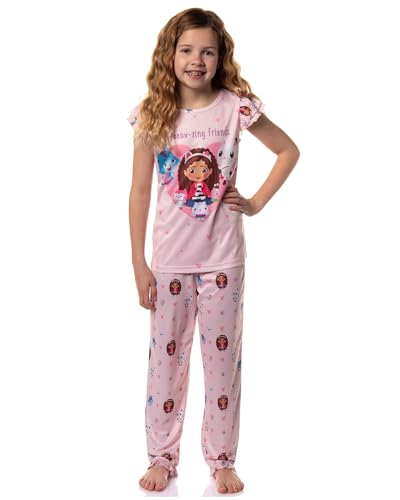 INTIMO Gabby's Dollhouse Girls' A-Meow-Zing Friends 2-Piece Ruffle Short Sleeve Pant Pajama Sleep Set