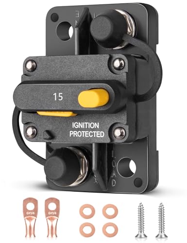 RED WOLF 15A Circuit Breaker Manual Reset Mid Range Mini Fuse DC 12-32V #10-32 Stud for Marine Boat Trolling Car Electronic Battery Solar System w/6 AWG-1/4 Wire Lugs Screw Kit Waterproof IP67