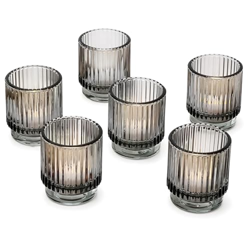 Kate Aspen Ribbed Glass Candle Holder Set - 6 Smoke Gray Tealight Holders for Home...
