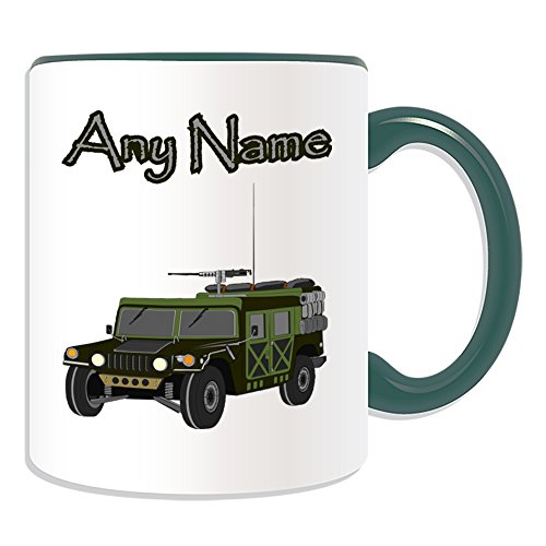 Taza Humvee con diseño militar, opciones de color, cualquier nombre/mensaje en tu único, ejército de las Fuerzas Armadas del Ejército de la Guerra Mundial, batalla de armas de guerra mundial, vehículo todoterreno utilitario H1 H2 H3 HX GM AM de alta movilidad general vehículo con ruedas multipropósito HMMWV Infantería todoterreno