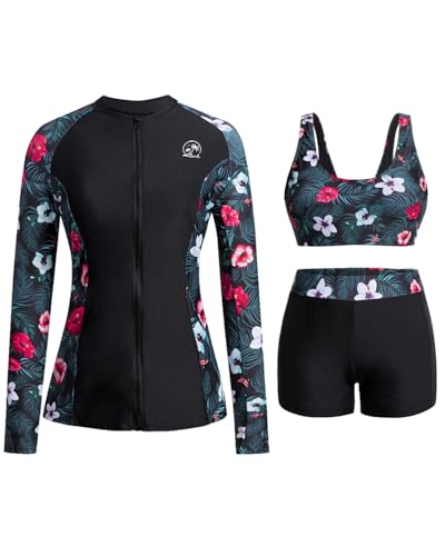 Holipick Black Floral Long Sleeve Swimsuits for Women - 3 Piece Rash Guard with Shorts Zipper SPF Swim Shirt with Built in Bra L