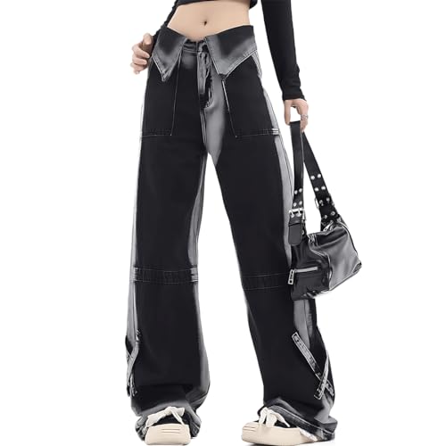 Y2K Gothic Style Harajuku Kawaii Fashion Casual Loose Wide Leg Vintage Color Blocking Denim Pants for Women
