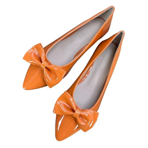 ChaiRong Zhou Women Lightweight Bow Patent Leather Flats Pointed Toe Slip on Low Heel Ballet Dress Party Office Shoes