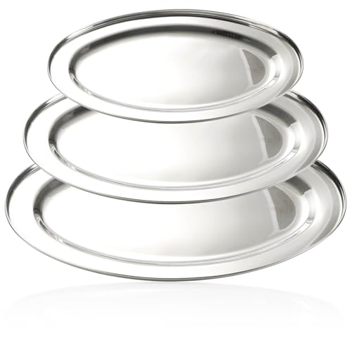 com-four® Set di 3 Vassoi da Portata in Acciaio Inossidabile - Piatto da Portata e Decorazione Ovale - Vassoio da Portata Decorativo in Tre Dimensioni (1 volta ogni 34-40-45 cm)