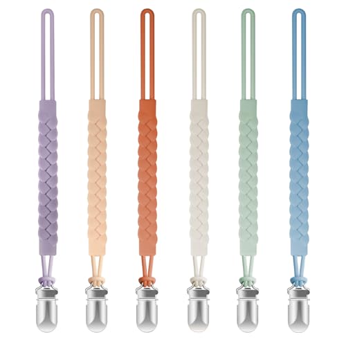 Image of Tender Babe Silicone Pacifier Clips for Baby Boys and Girls, Woven Rope Flexible Design, Pacifier Holders for Teething Relief and Baby Essentials, Safe for Newborns (6 Pack)
